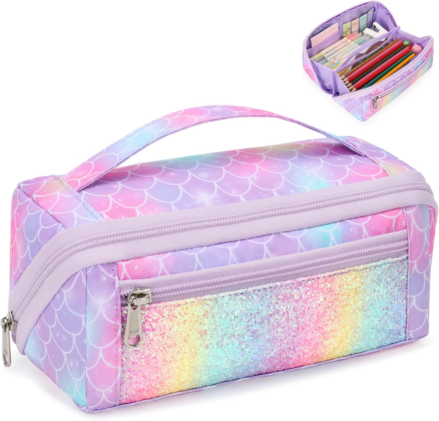 Large Pencil Case for Girls, Aesthetic Pencil Pouch for School, Wide Opening Organizer Box with Handle, Fits 50 Pens & Markers (Glitter Purple Mermaid)